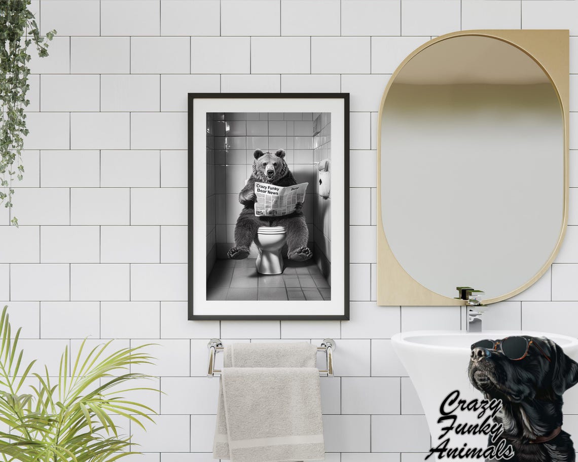 Grizzly Bear Reading a Newspaper on the Toilet Funny Bathroom Poster - Image 2