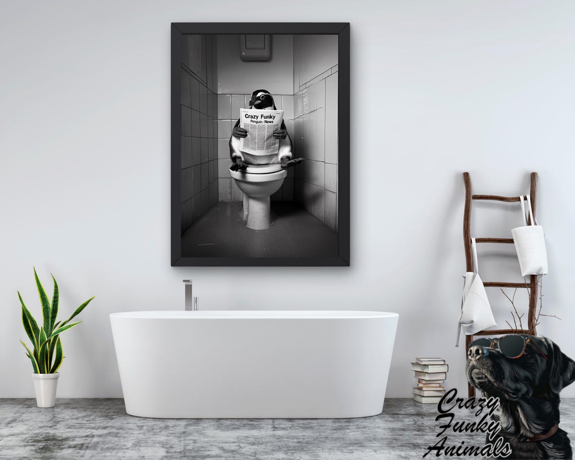 Penguin Reading a Newspaper on the Toilet Funny Bathroom Poster - Image 3