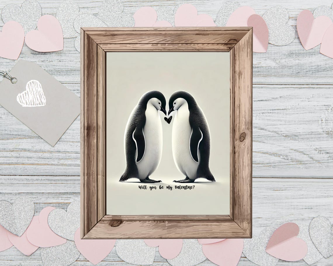 Two Penguins Touching Beaks Sharing a Heart Valentine Funny Poster