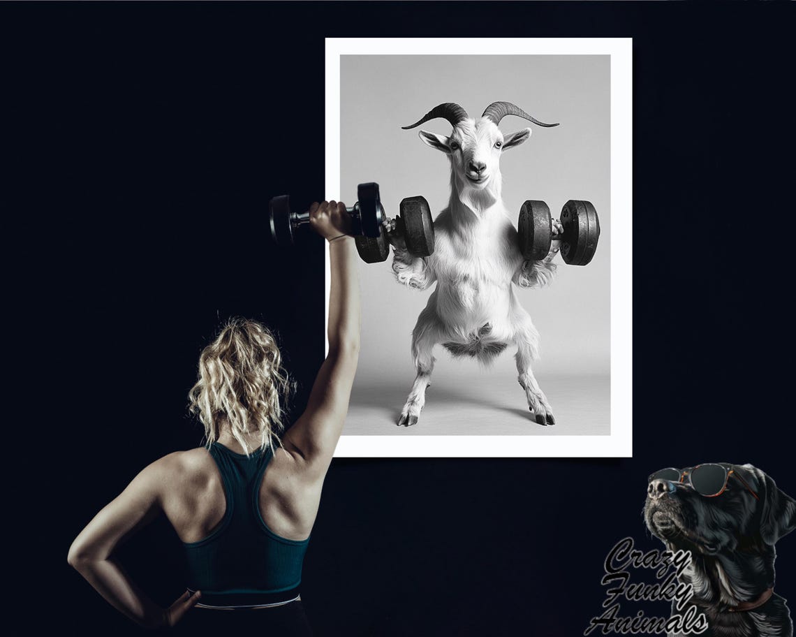 Funny Fitness Poster Goat With Dumbbells Humorous Animal Art Gift For Fitness Fans Animal Illustration - Image 3