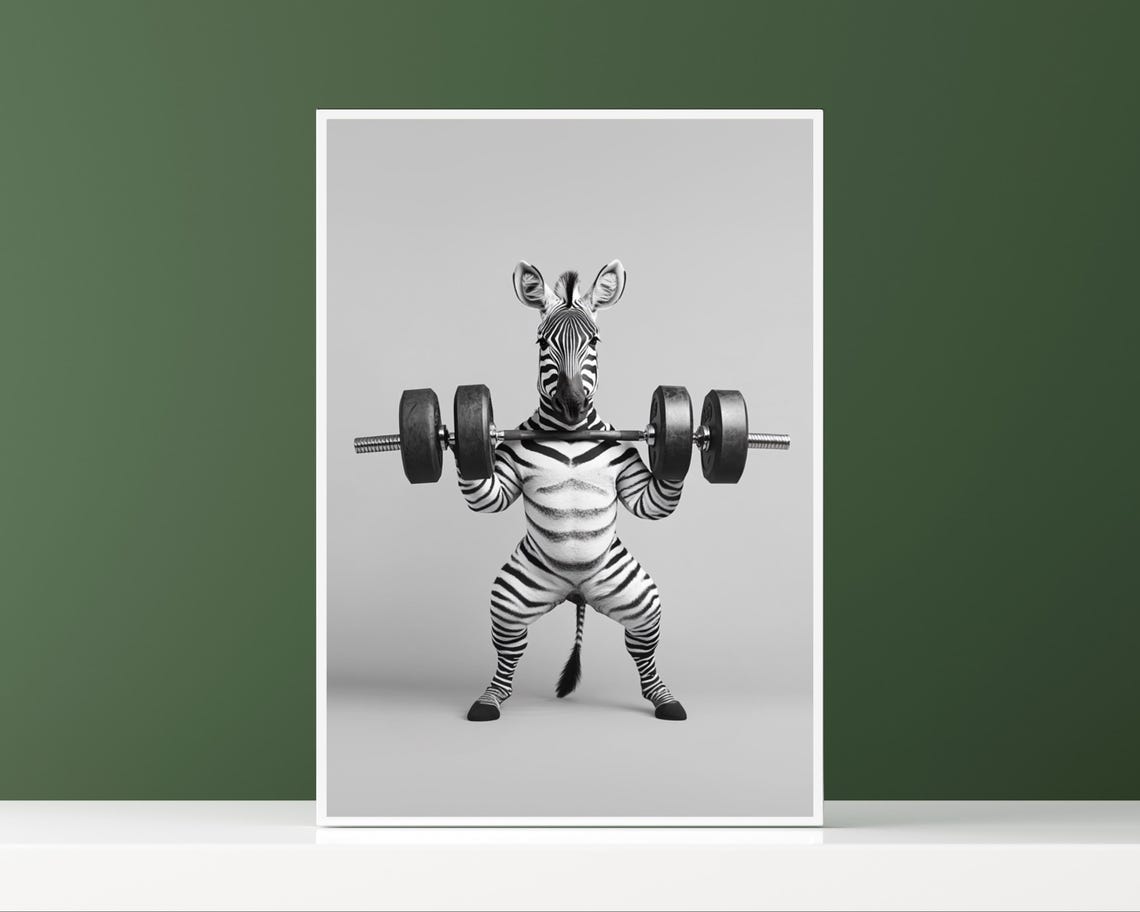 Zebra Lifting a Barbell Funny Gym Workout Black and White Poster - Image 2