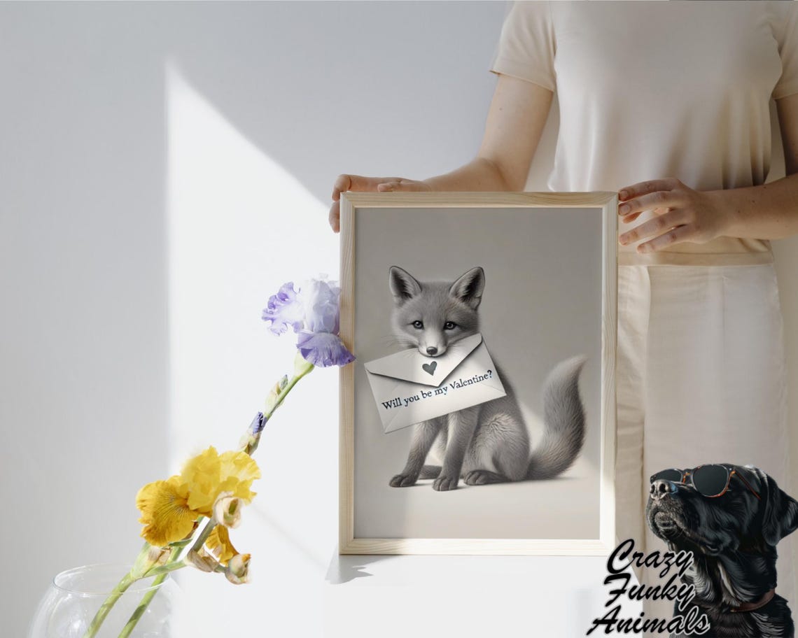 Fox Kit Holding a Will You Be My Valentine Love Letter Funny Poster - Image 3