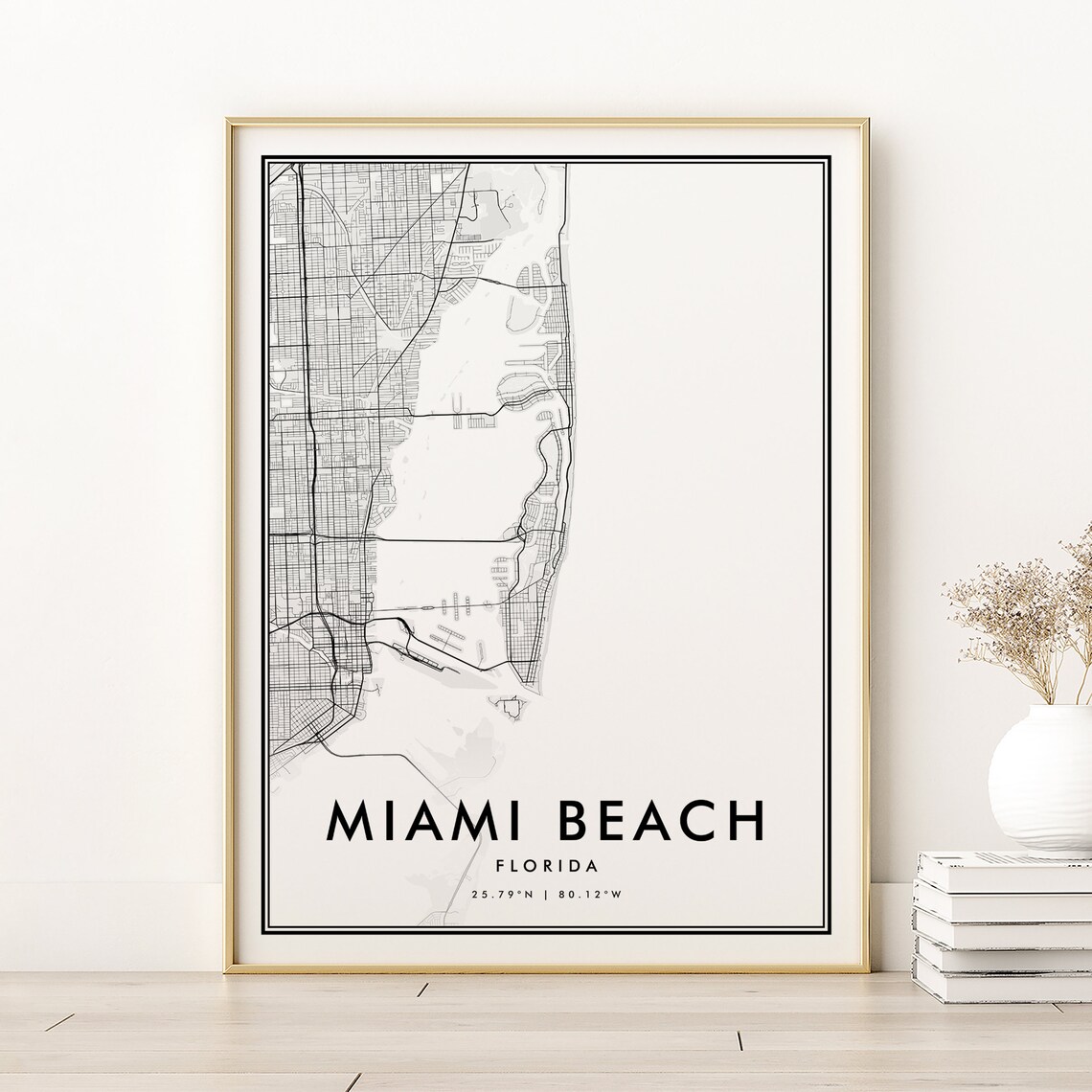 Miami Beach Florida Minimalist City Map Black and White Street Line Poster