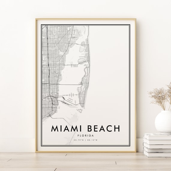 Miami Beach Florida Minimalist City Map Black and White Street Line Poster