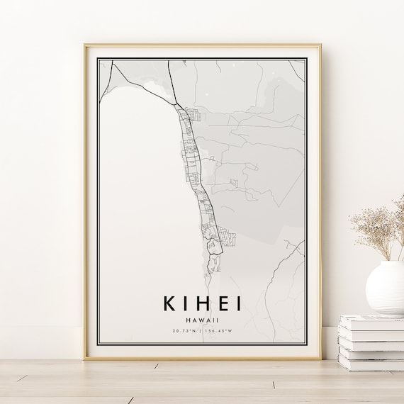 Kihei Hawaii Minimalist Black White Coastal Street Map Poster