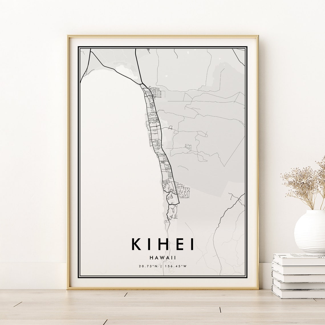 Kihei Hawaii Minimalist Black White Coastal Street Map Poster