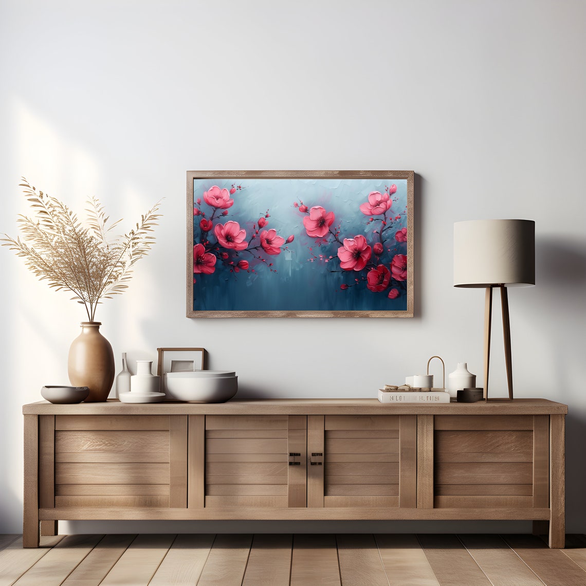 Pink Red Blossom Blue Textured Floral Branch Painting Art Print - Image 3