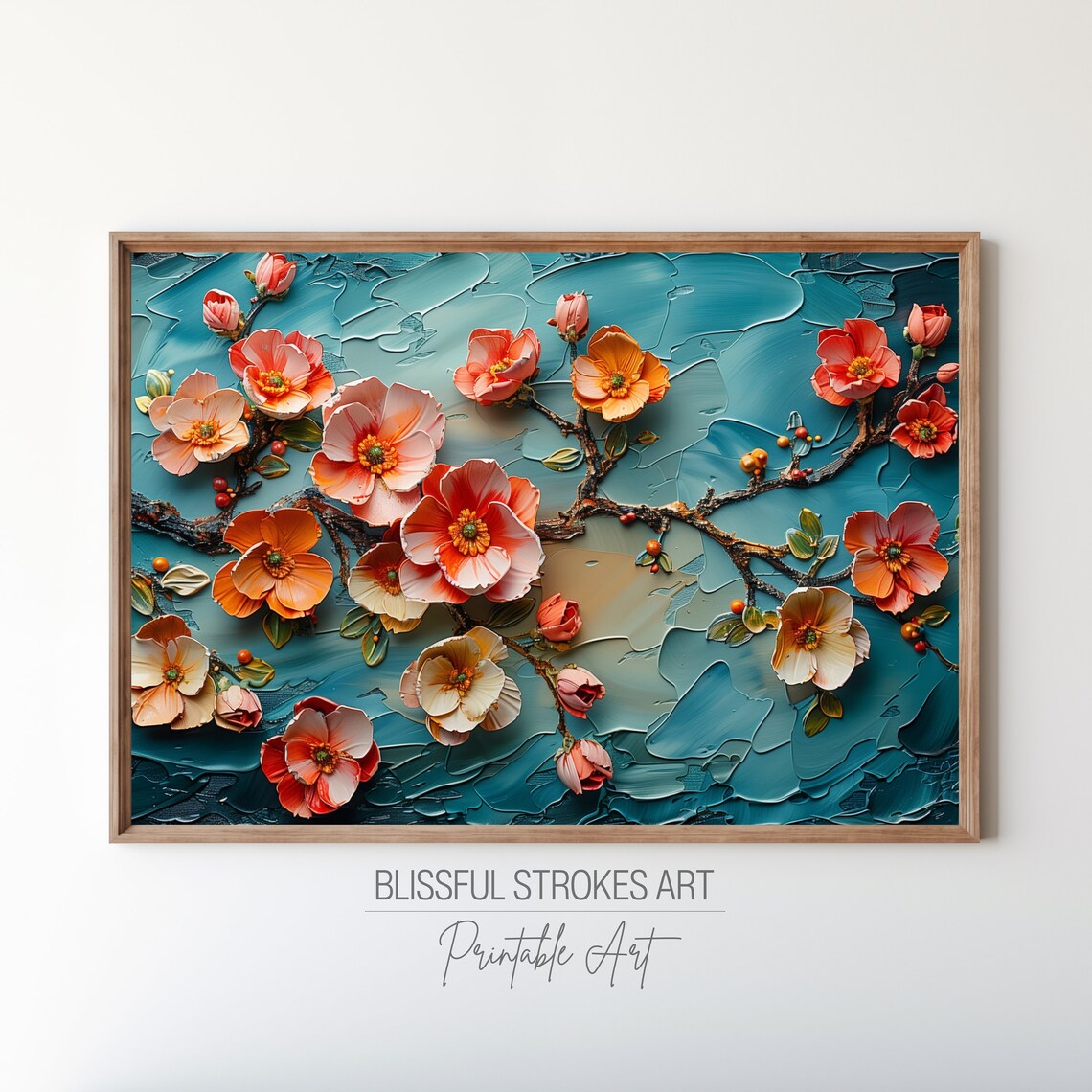 Coral Blossom Branch Textured Impasto Teal Background Art Poster