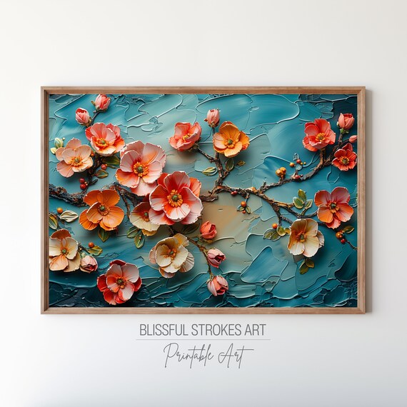 Coral Blossom Branch Textured Impasto Teal Background Art Poster