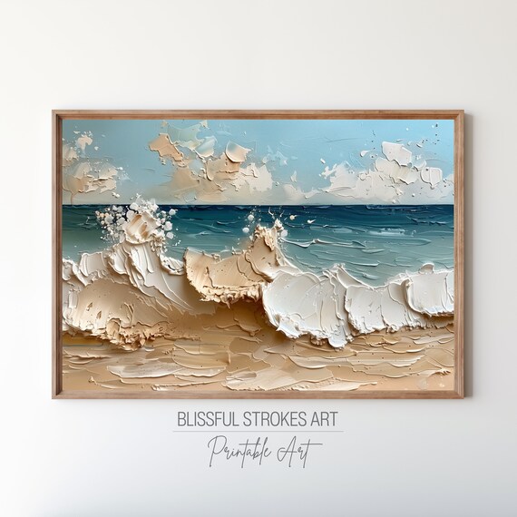 Foamy Beach Waves Crashing Textured Impasto Coastal Painting Poster
