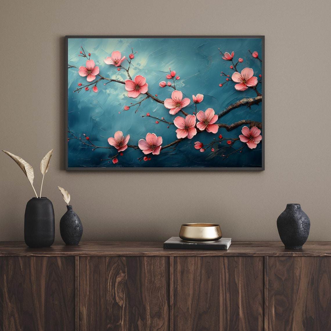 Blush Pink Blossom Branch Teal Blue Floral Art Painting Poster - Image 2