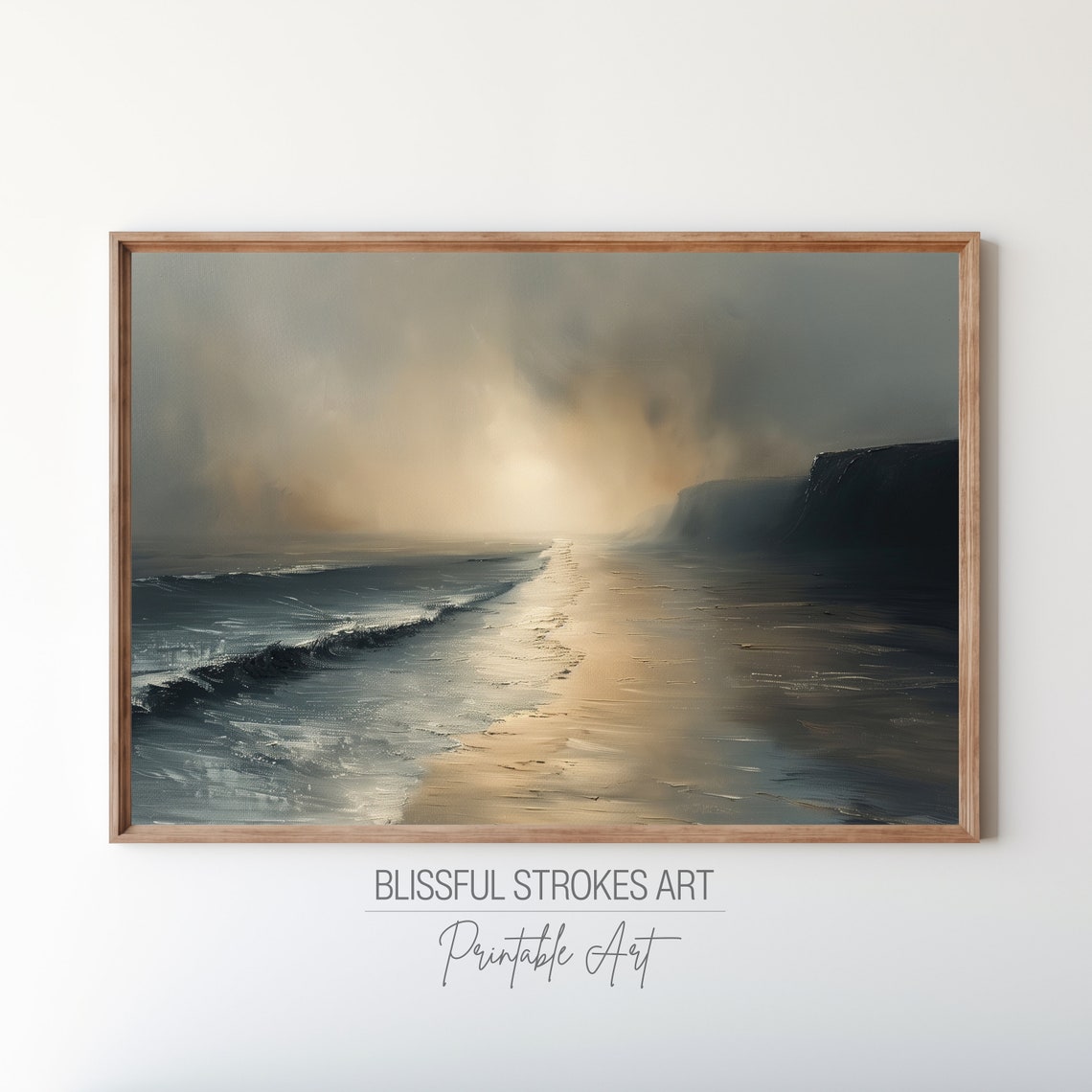 Sunset Beach Shoreline Golden Light Moody Seascape Painting Poster - Image 4