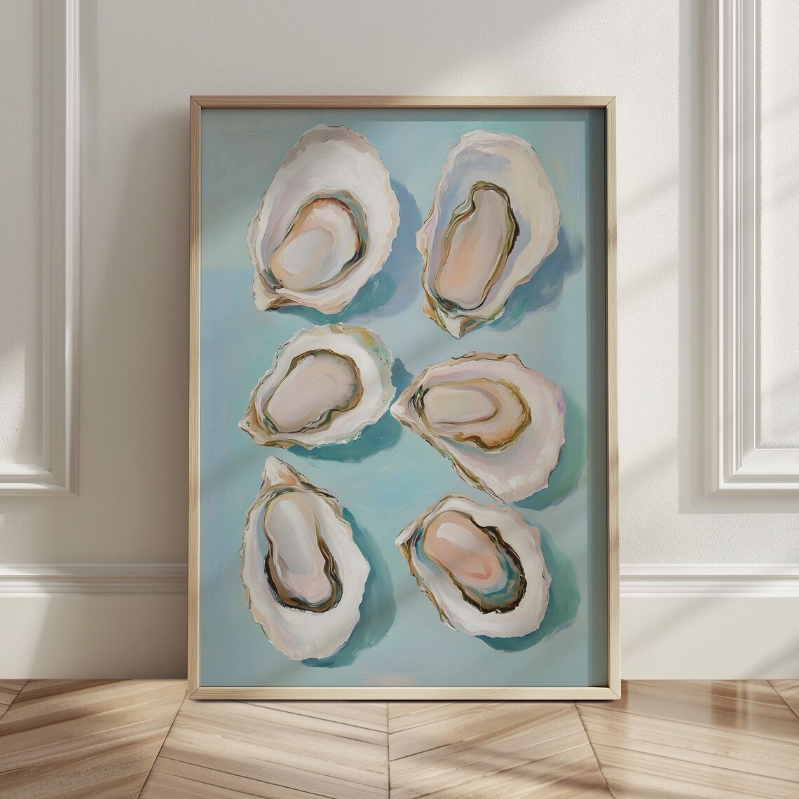 Six Pastel Oyster Shells Painting Blue Kitchen Coastal Poster