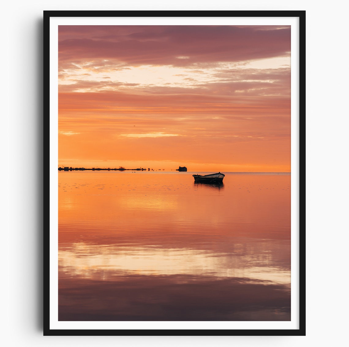 Fishing Boat Silhouette Orange Sunset Still Sea Horizon Poster