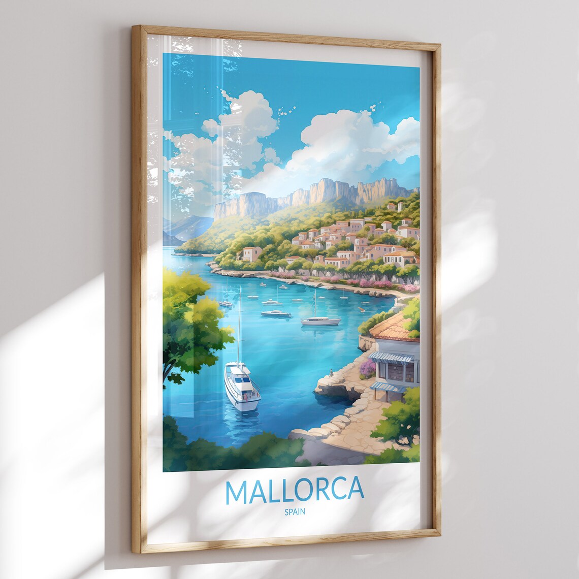 Mallorca Spain Harbor Travel Poster with Sailboats and Seaside Village