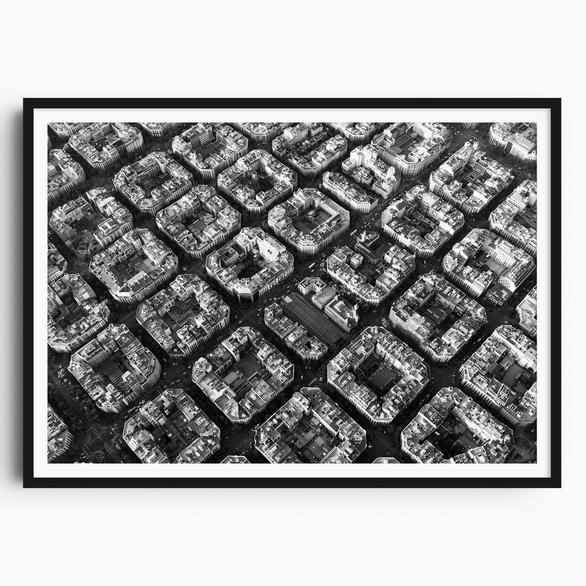 Barcelona Eixample City Grid Black and White Aerial Art Poster