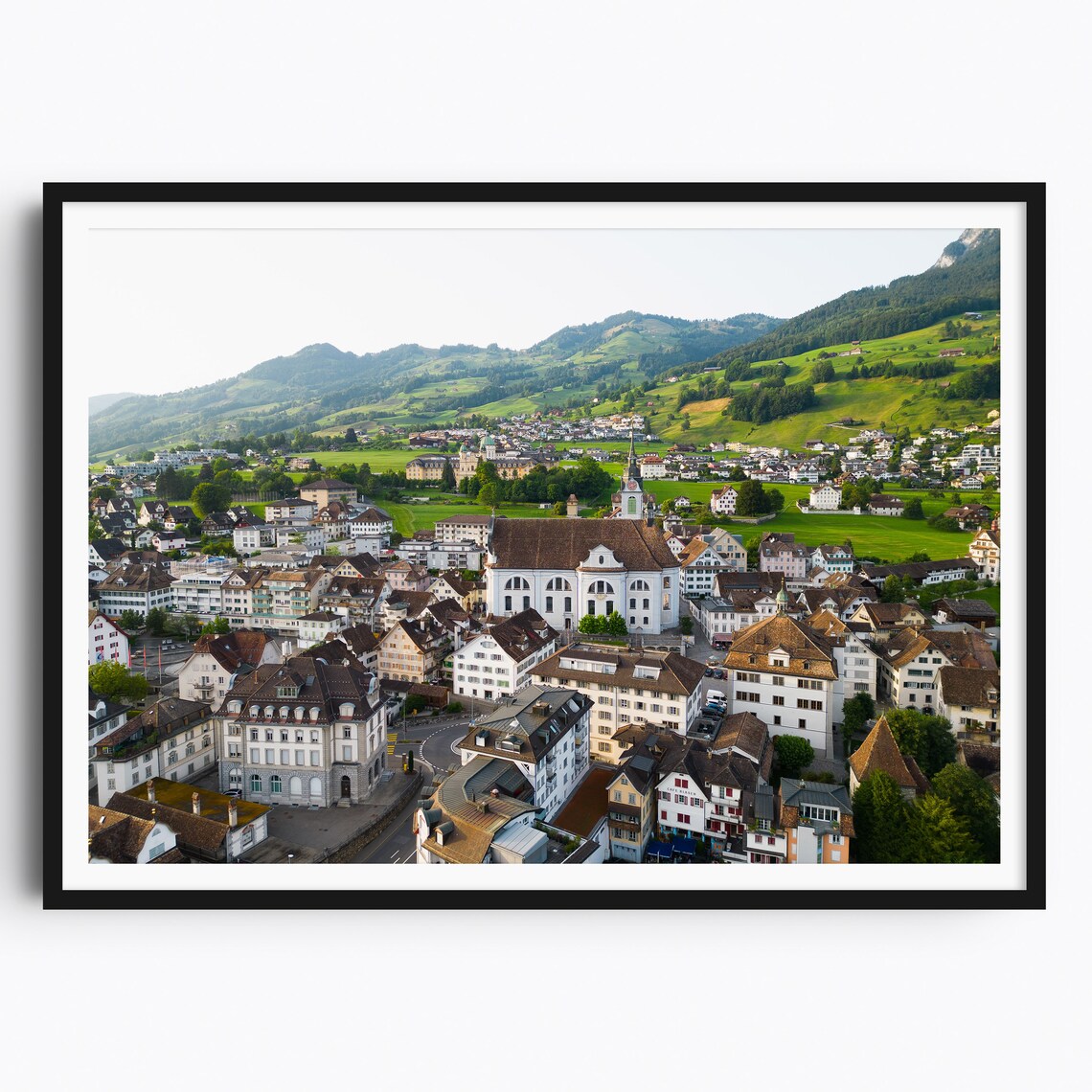 Schwyz Switzerland Historic Town Aerial Church Green Hills Poster