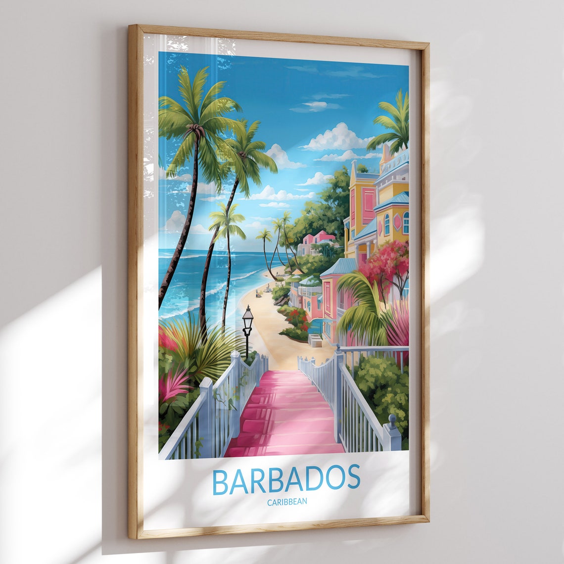 Barbados Caribbean Pink Steps Colonial Beach Walkway Travel Poster