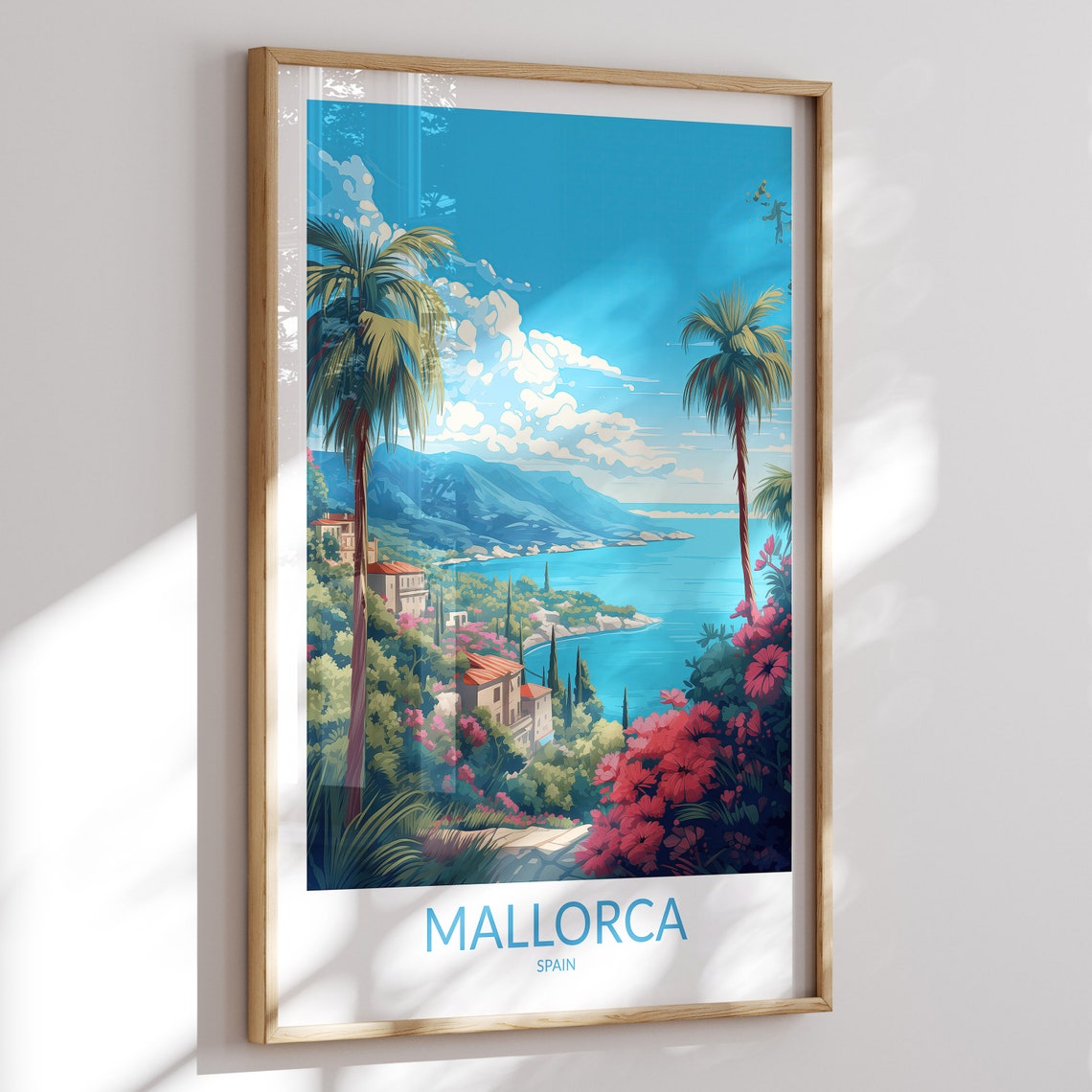 Mallorca Spain Palm Trees Travel Poster with Coastal Villas and Blooms