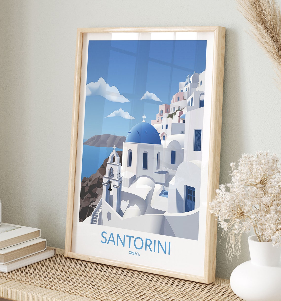 Santorini Greece Blue Dome Church Cliffside Aegean Vintage Poster