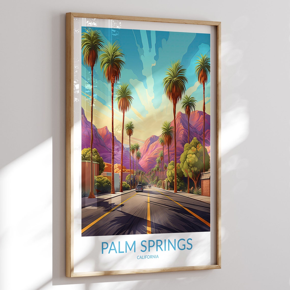 Palm Springs California Towering Palms Purple Mountain Sunset Poster