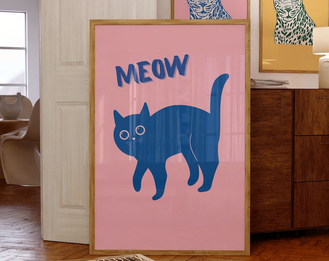 Y2K Blue Cat Meow Print, Pink Background