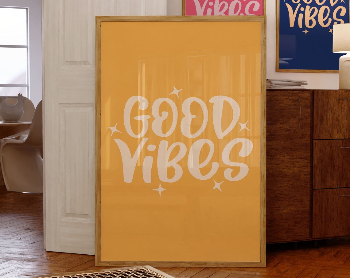 Good Vibes Sparkles Yellow Typography Positivity Quote Poster