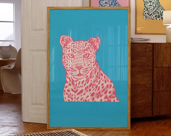 Y2k Colorful Retro Leopard Animal Bedroom Trendy Art Print In Pink And Blue Wall Decor Prints Home