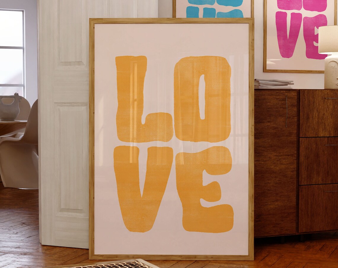 Retro Yellow LOVE Typography Groovy Big 70s Statement Poster