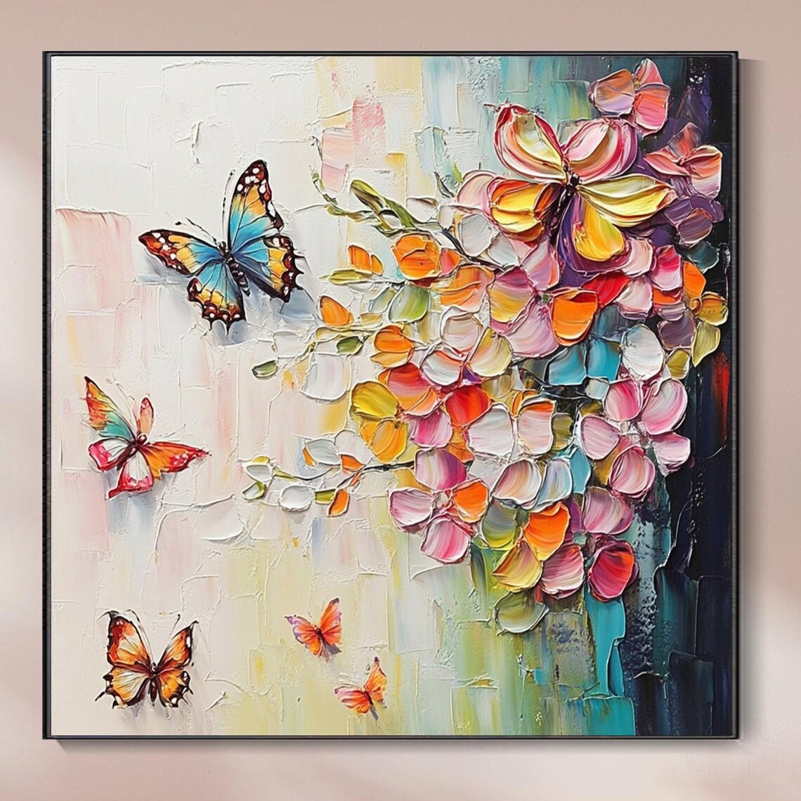 Colorful Blossom Branch with Butterflies Textured Floral Art Poster