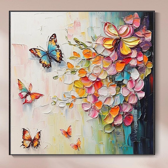 Abstract Floral 3d Original Butterfly Flower Painting On Canvass Textured Wall Art Living Room Wall Art Gift For Her Flower Painting