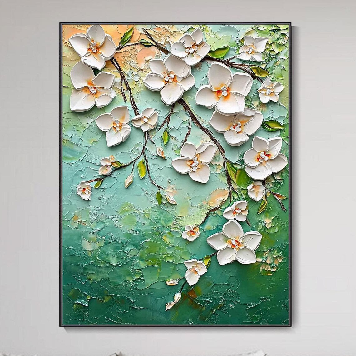White Blossom Branches Teal Green Floral Painting Vertical Wall Poster