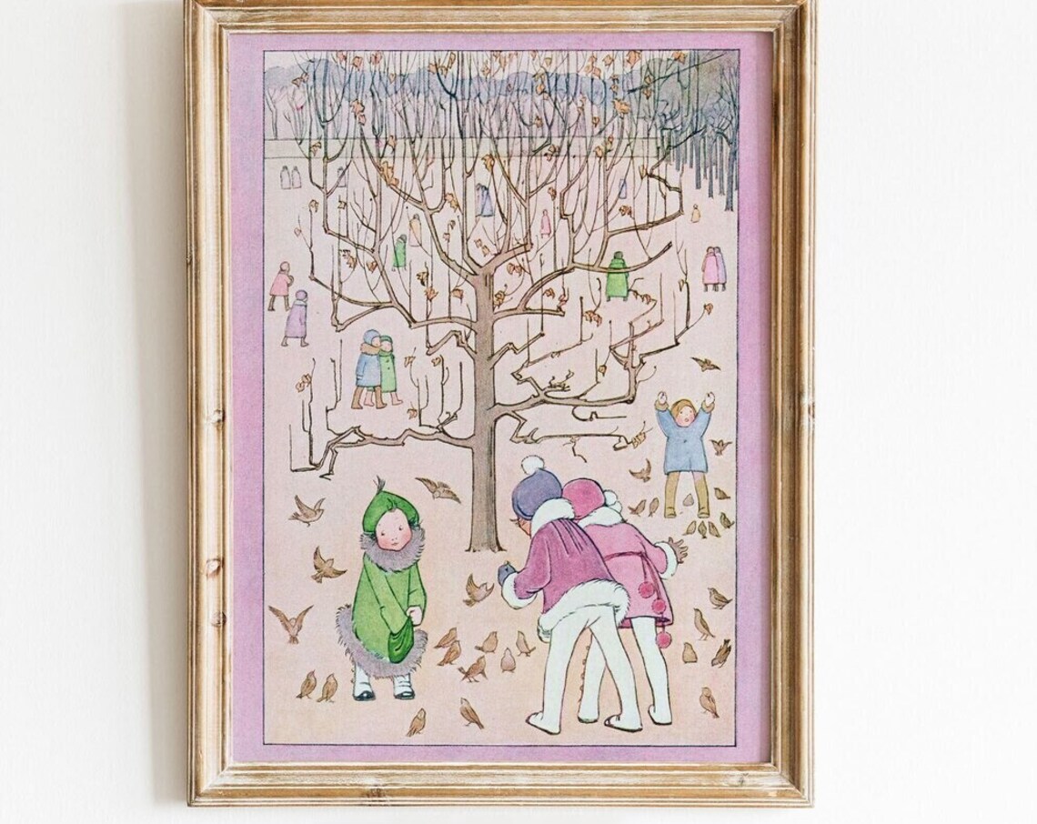 Vintage Scandinavian Winter Children Birds in Bare Woods Nursery Print
