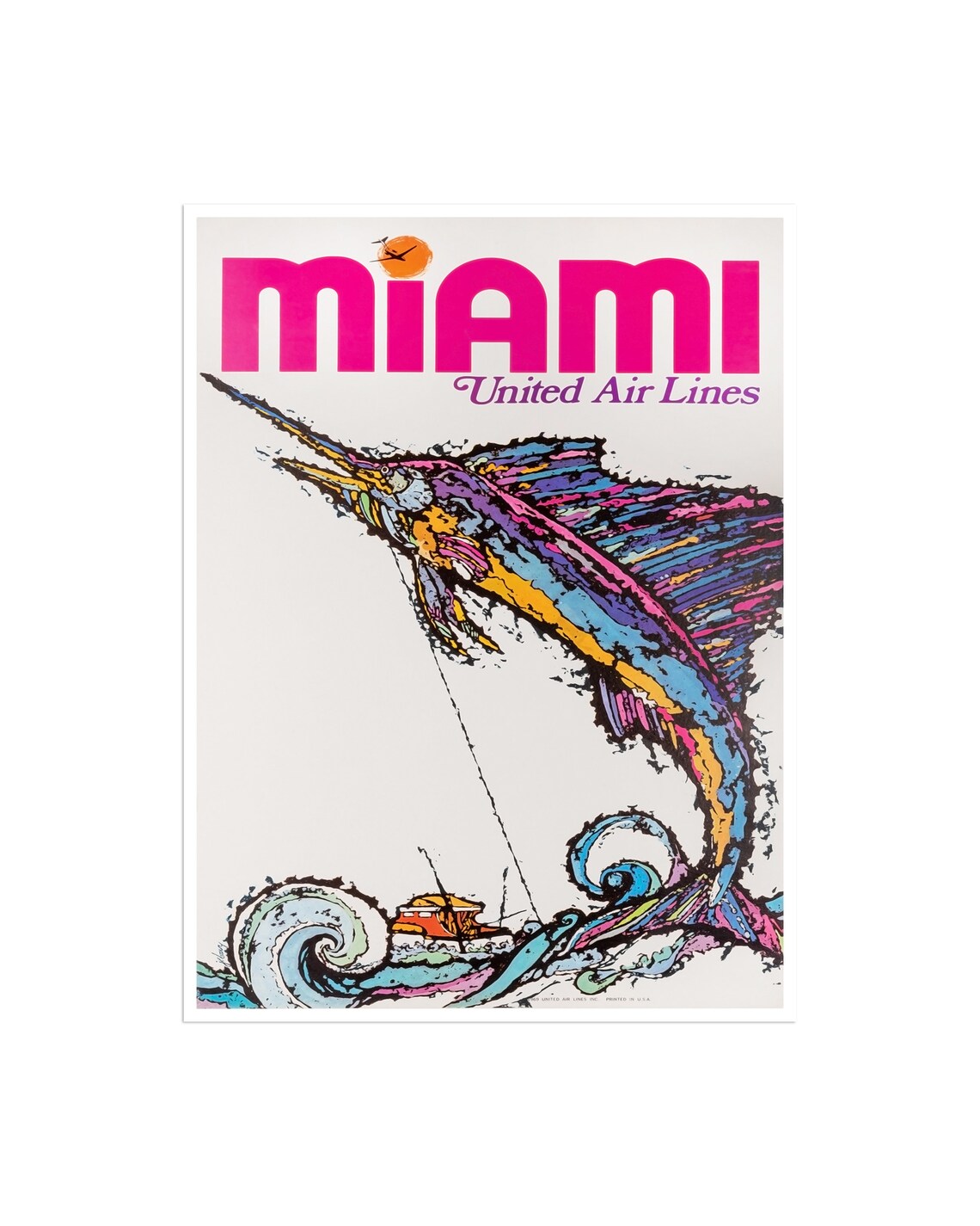 Miami United Air Lines Marlin Fishing Vintage Travel Poster Art