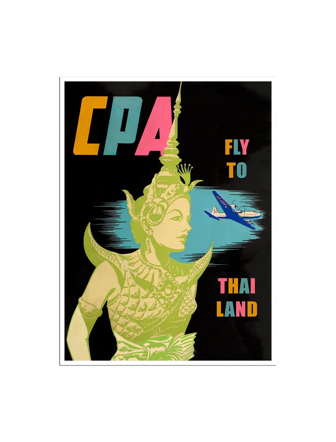 CPA Fly To Thailand Dancer Jet Airplane Vintage Airline Poster