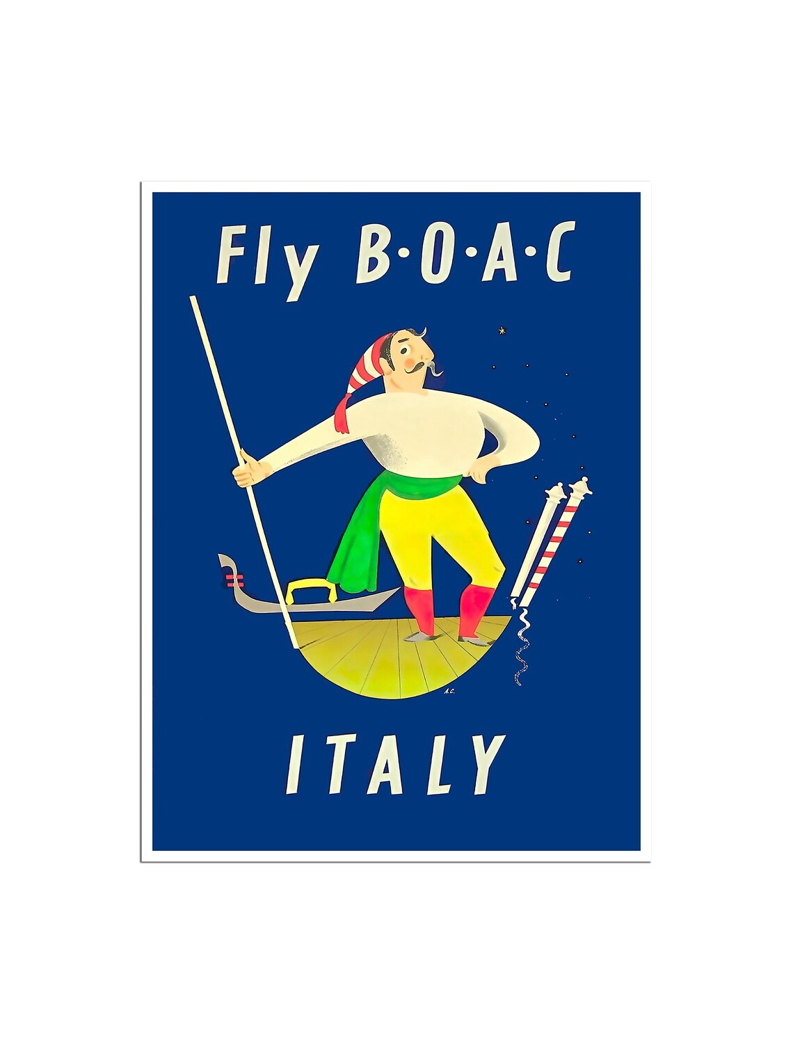 Italy Venice Grand Gondolier Fly BOAC Night Vintage Travel Poster