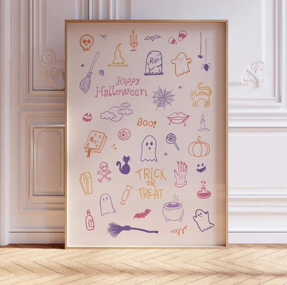 Halloween Colorful Hand Drawn Poster Retro Spooky Bar Cart Decor Pastel Colors Funky Cute Girly Halloween Prints Preppy Dorm Room Poster