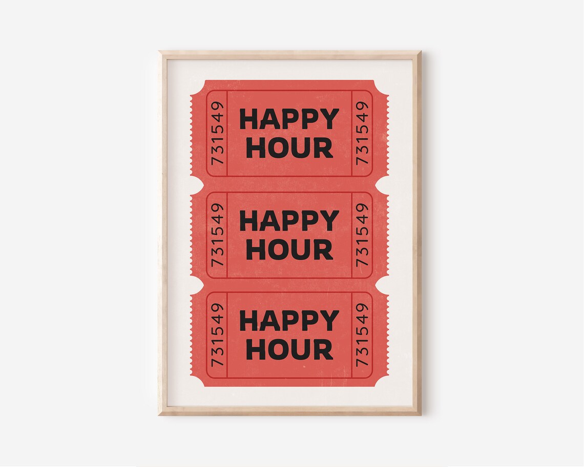 Happy Hour Red Vintage Ticket Trio Retro Home Bar Cart Art Poster - Image 3