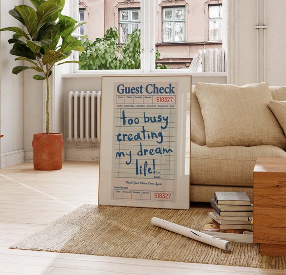 Retro Blue Green Guest Check Poster Bar Cart Poster Preppy Art Dorm Decor Too Busy Creating My Dream Life Print Guest Check Wall Art