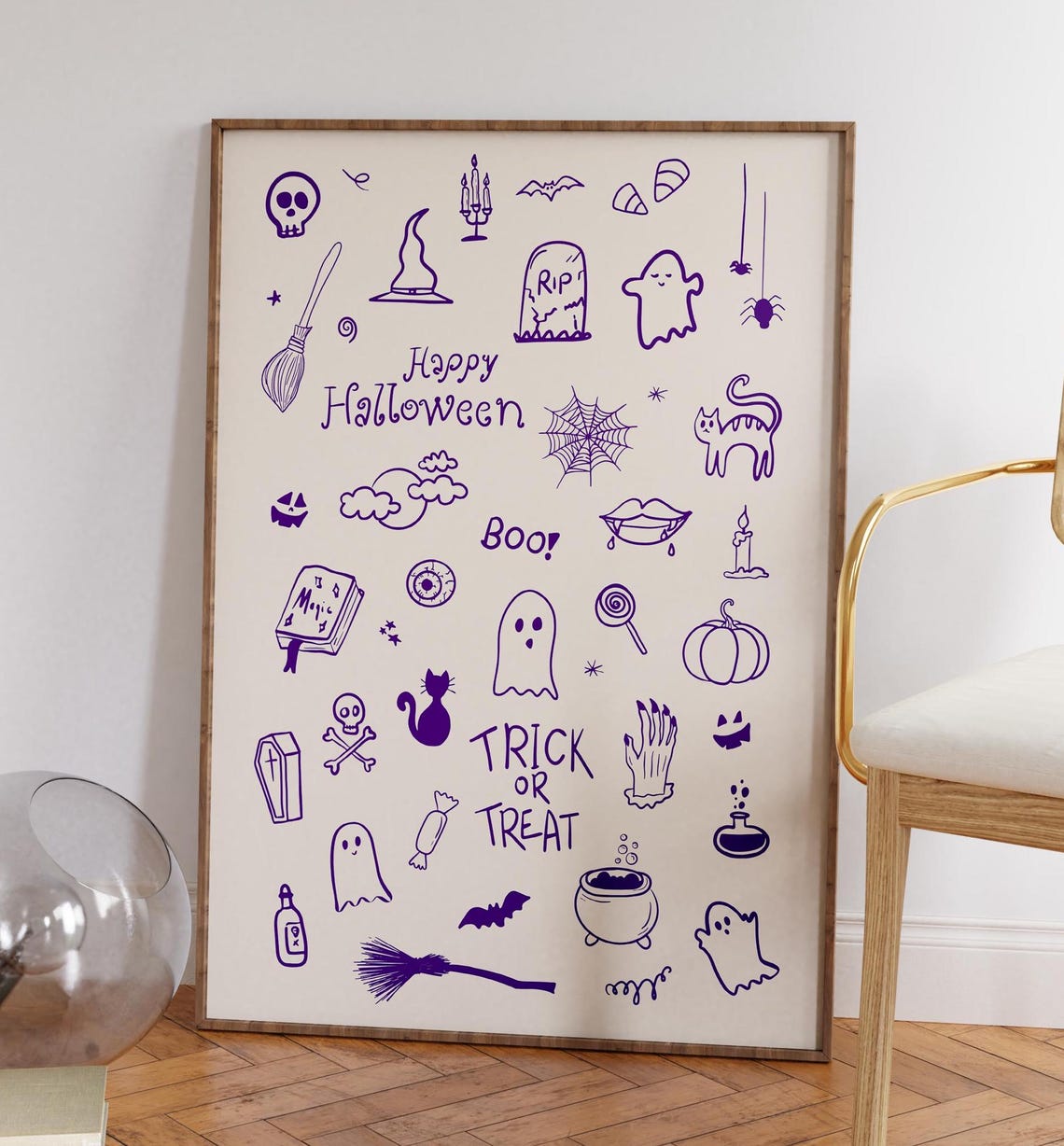 Purple Happy Halloween Doodle Poster with Ghosts Cats and Bats - Image 3