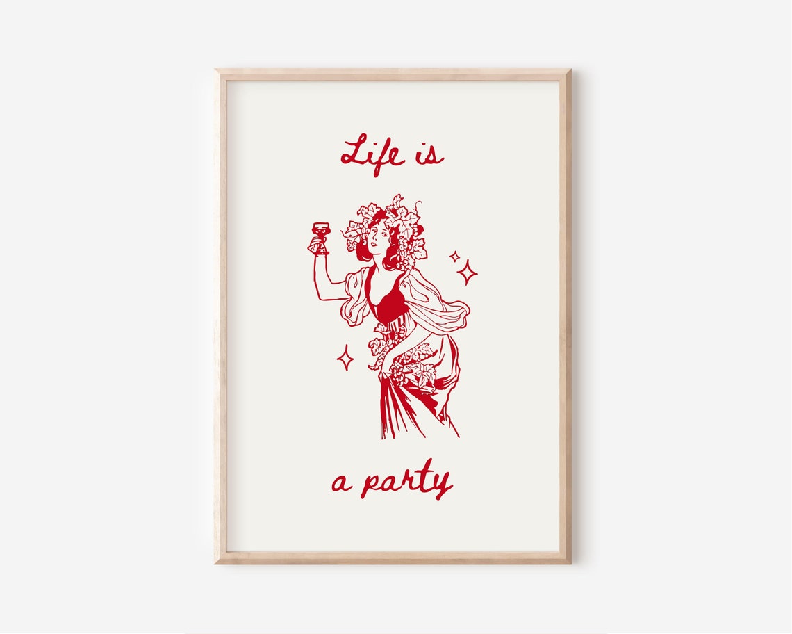 Life Is A Party Red Vintage Wine Lady Illustration Bar Poster - Image 3