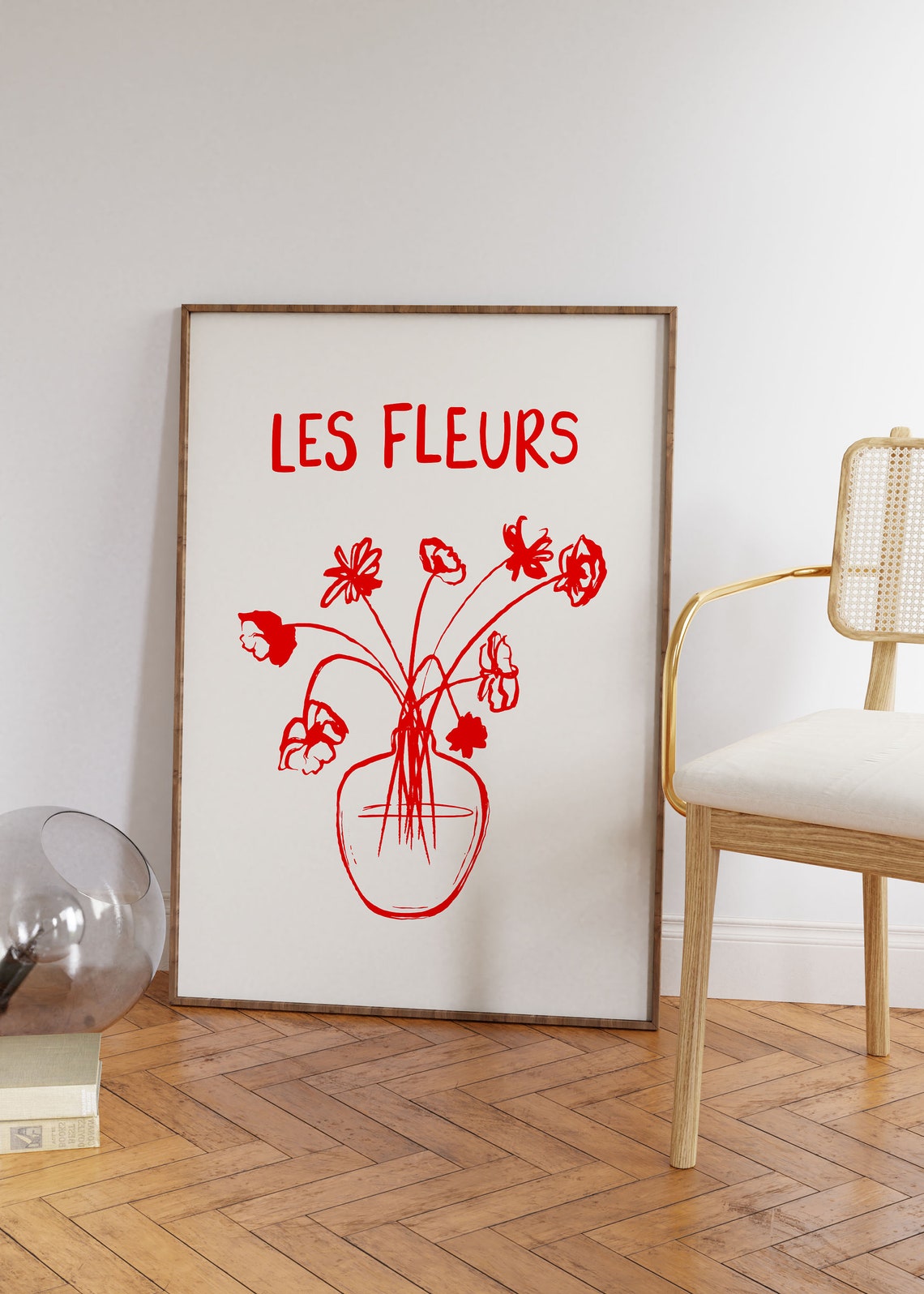 Red Les Fleurs Flower Vase Botanical Line Art Hand Drawn Poster - Image 2