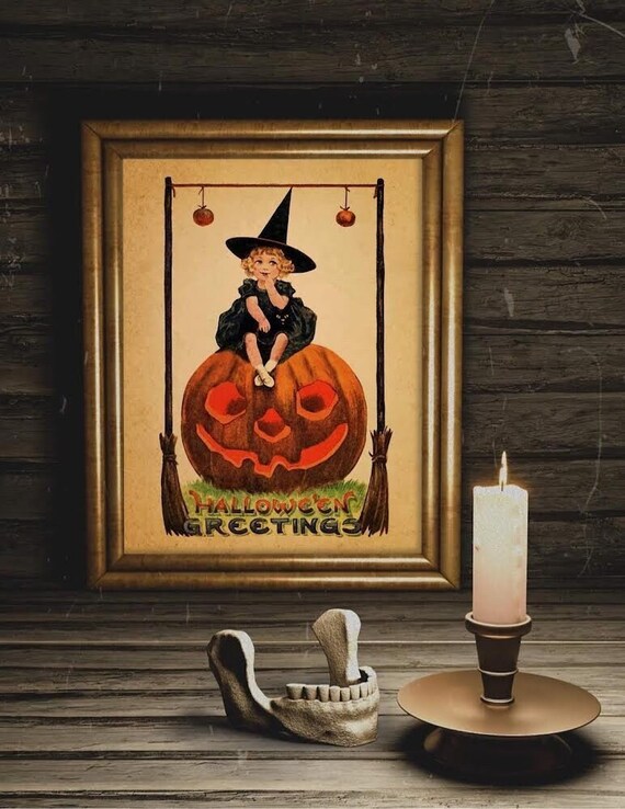 Halloween Greetings Witch Boy Giant Pumpkin Vintage Artwork Poster
