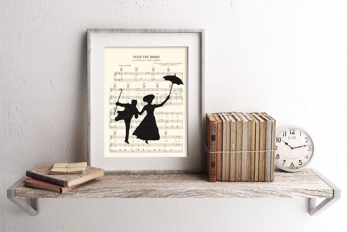 Mary Poppins and Bert Silhouette Feed the Birds Sheet Music Wall Art
