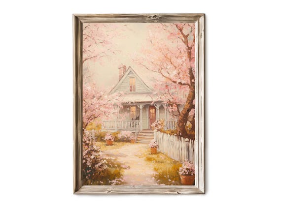 Spring Wall Art Cherry Blossoms Rustic Oil Painting Farmhouse Easter Decor For Home Cottage Nursery Rural