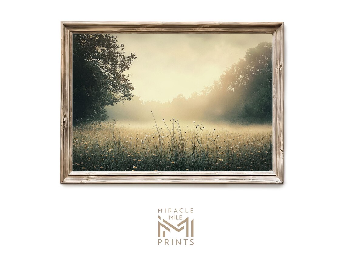 Misty Meadow At Dawn Wildflowers Vintage Oil Painting Spring Poster