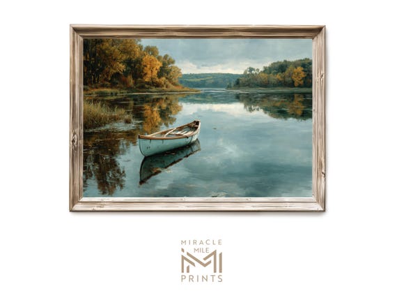 Fall Canoe Lake Wall Art Rustic Autumn Reflection Landscape Moody Decor Vintage Artful H 456