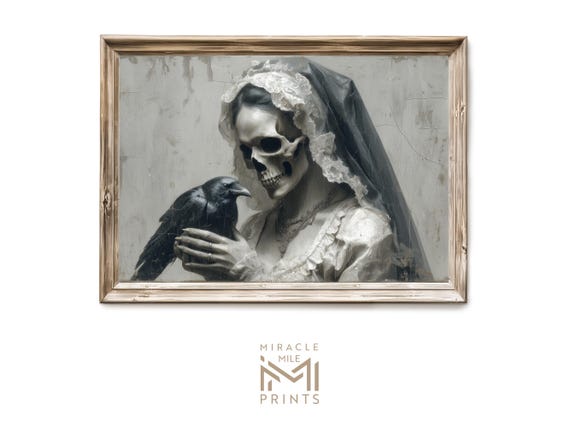 Halloween Victorian Skeleton Bride Portrait Gothic Haunted Painting Spooky Wall Art Creepy Ghostly Print 341