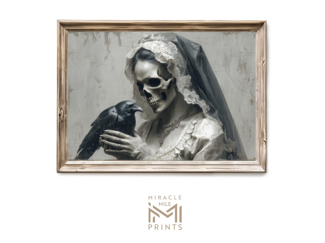 Halloween Victorian Skeleton Bride Portrait Gothic Haunted Painting Spooky Wall Art Creepy Ghostly Print 341