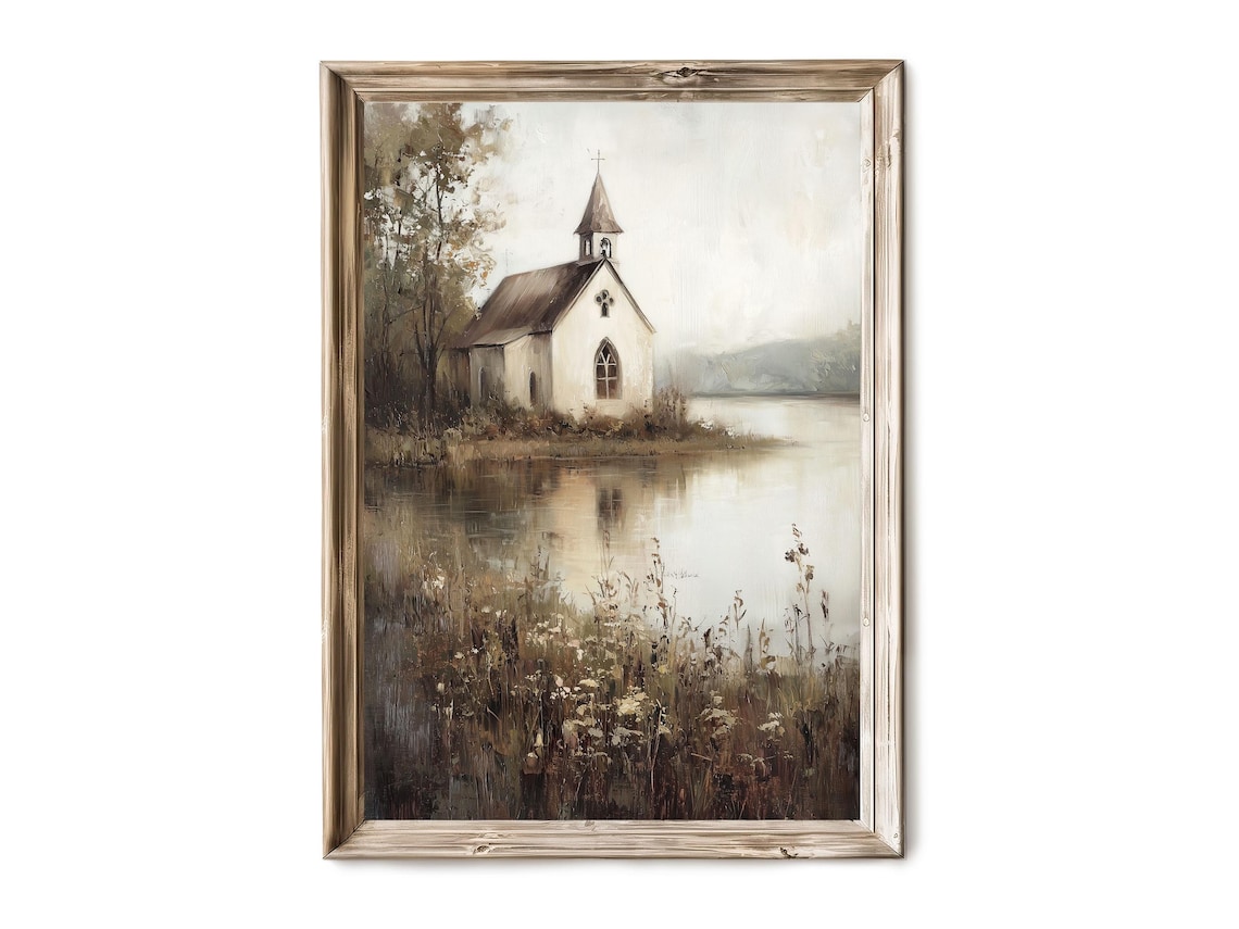 Vintage Lakeside Church Art Print, Rustic Countryside Decor